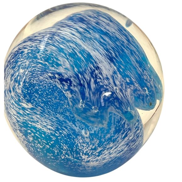 Blue Ocean Wave Design Art Glass Paperweight Sea Beach Sculpture Orb Sphere READ - Picture 10 of 10